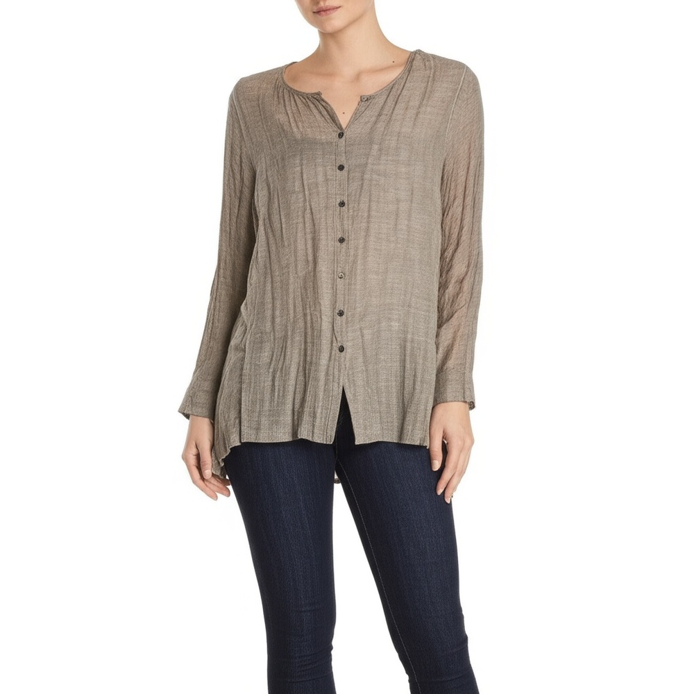 Eileen Fisher Tan 100% Linen Womens Button Down Long Sleeve Sheer Blouse Medium